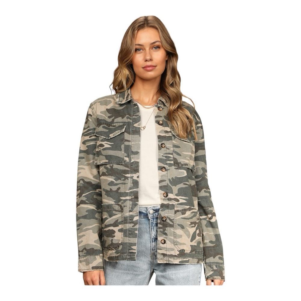 Lulus Blaine Green Camo Print Distressed Button Down Military Utility Jacket Siz